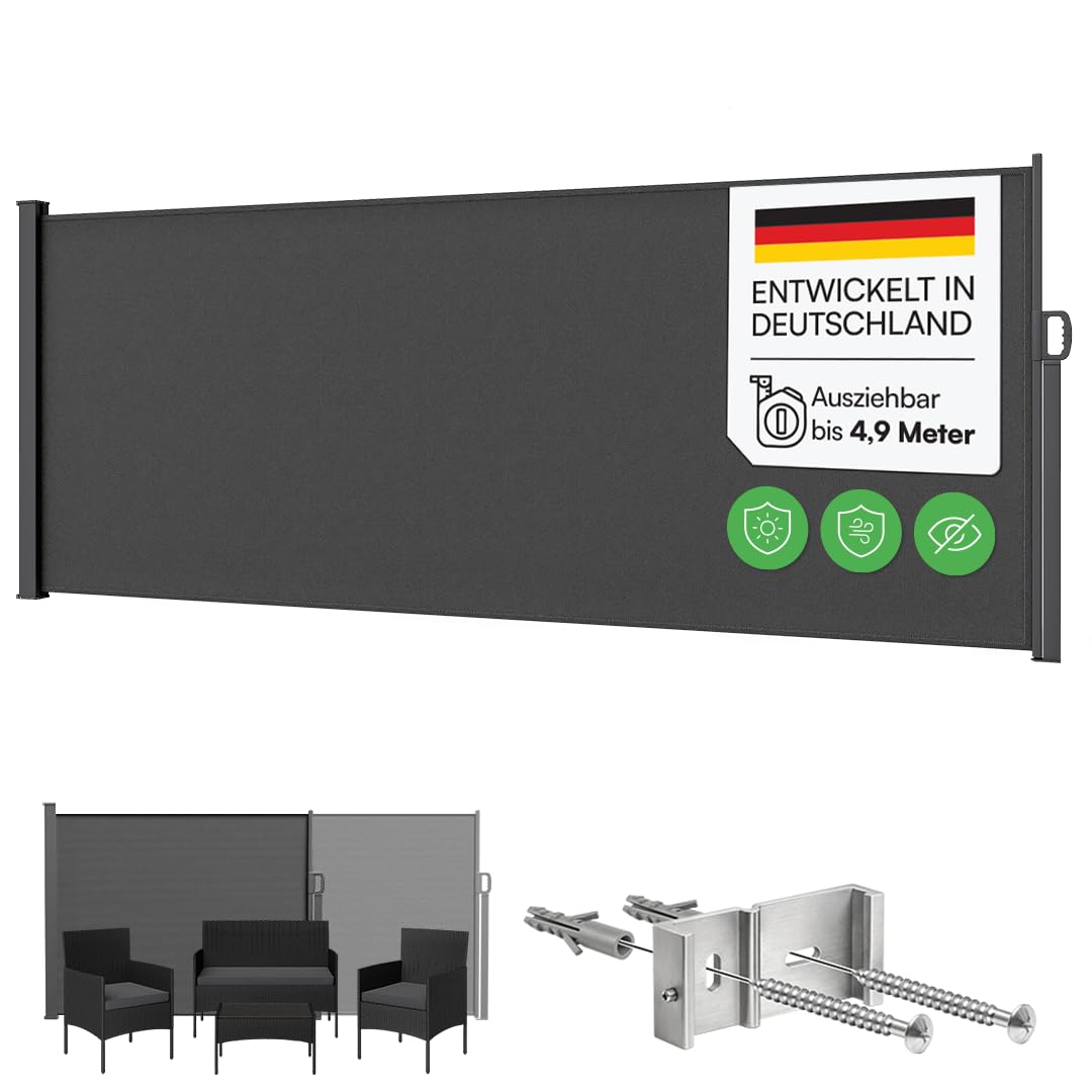 STEELSØN Zirella Seitenmarkise 200x485cm – Windschutz ausziehbar in Anthrazit – Markise wetterfest – Sichtschutz – Seitenrollo mit Wandhalterung – Sonnenschutz Blickdicht – Wandmarkise aus Aluminium