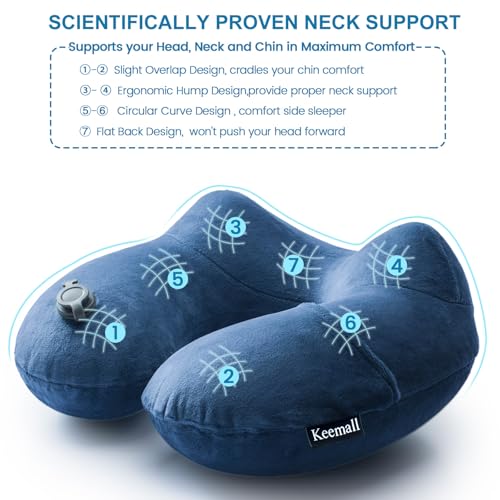 Image of Keemall Inflatable Travel Neck Pillow for Airplane to Relieve Neck Pain | Comfortable U-Shaped Head &Neck Rest with Soft Plush Cover, Great for Long Flights, Car, Train, Office & Home Naps