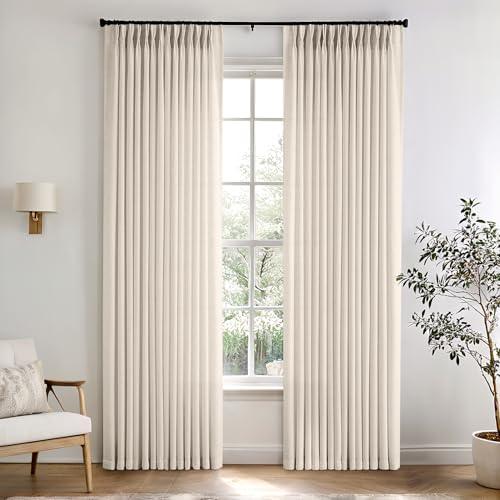 Pinch Pleated Linen Curtains 96 Inches Long for Living Room Bedroom 2 Panels Birch Linen Semi Sheer Rustic Farmhouse Back Tab Pleated Drapes with Hooks and Rings