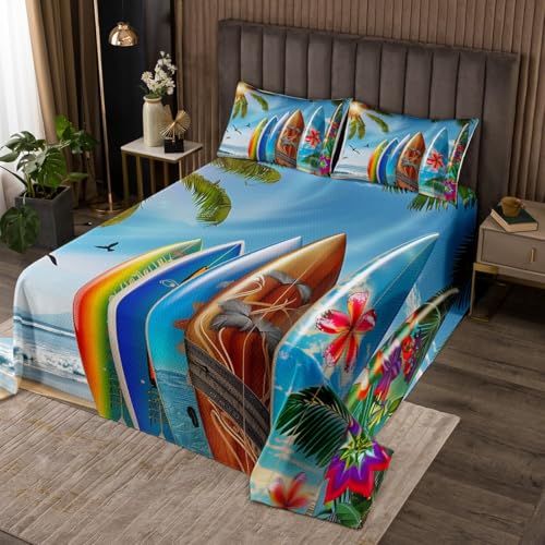 Erosebridal Surfboard Bedspread Set King Size Hawaii Tropical Seaside Coverlet Set for Kids Boys Girls Palm Tree Sea Waves Bedspread Sets Seagull Coastal Beach Theme Bed Sets