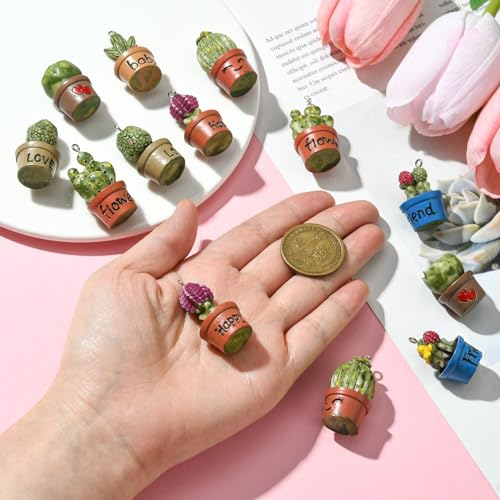 Stiesy 14Pcs 7 Styles Cactus Charms Resin Cactus Pot Pendants Charms 3D Potted Plants Dangle Charms for Jewellry Making DIY Bracelet Crafting - Image 3
