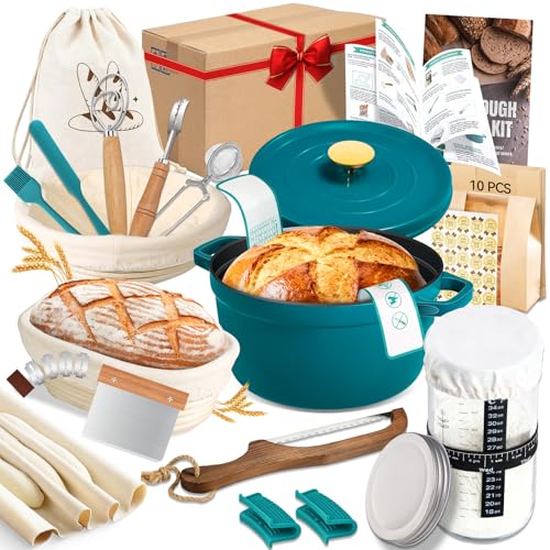 NZQXJXZ Gusseisen Topf Brot Backen, 5.7L Bräter Emailliert Schmortopf mit Deckel und Griffen, Sauerteig Brot Bakset mit Brot Gärkorb Set, Schmortopf Gusseisen Topf, Brotbacktopf Set für Anfänger