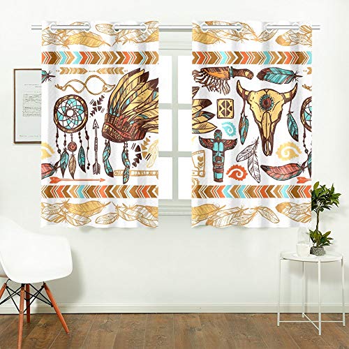 Enevotx Native American Style Feathers Ornaments Tambourine Kitchen Curtains Window Curtain Tiers For Café, Bath, Laundry, Living Room Bedroom 26 X 39 Inch 2 Pieces #TOP1