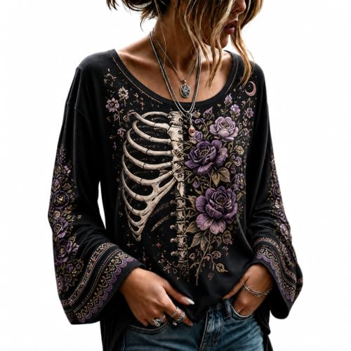 Halloween Tops for Women Cotton Skull Graphic Bell Sleeve Trendy Pullover - image 1