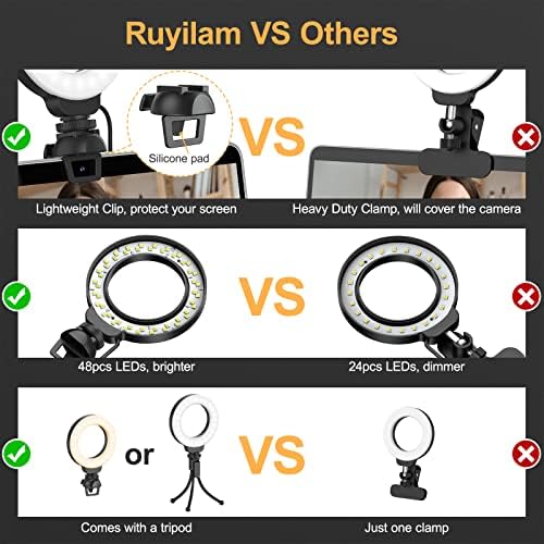 Video Conference Lighting Kit, Ruyilam Ring Light for Laptop Phone with Clip and Tripod, Desktop PC 4" Selfie Dimmable Light with Stand Ring Light for Live Streaming, Video Recording, Makeup