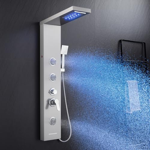 KINKIBOS Duschpaneel mit Armatur, 6 Funktionen Duschpaneel mit LED Regen&Wasserfall Dusche, 3 Massagedüsen, Handbrause und Wasserfall Wanneneinlauf, Duschsäule aus Edelstahl KINKIBOS Duschpaneel mit Armatur, 6 Funktionen Duschpaneel mit LED Regen&Wasserfall Dusche, 3 Massagedüsen, Handbrause und Wasserfall Wanneneinlauf, Duschsäule aus Edelstahl