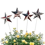 Metal Garden Stake Set of 4 Patriotic Decor Yard Stakes 4th of July Lawn Art Outdoor Decorative USA Flag Stick for Flower Pot Porch Patio Pathway Independence Day Memorial Day Decoration (Star)