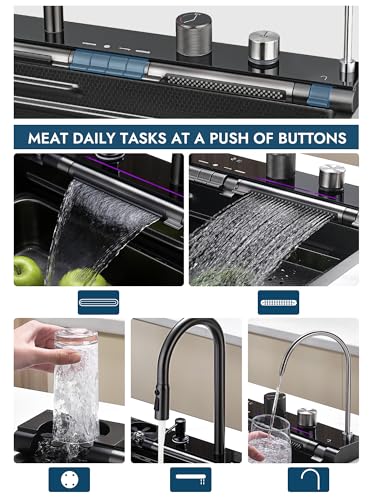 Lefton 29.5"x 18.25" 304 Stainless Steel Kitchen Sink Set with Pull-down Faucet, Waterfall & Rainfall Water Outlet, Glass Rinser, Soap Dispenser, Battery-free Temperature Display, Grey, KS2207