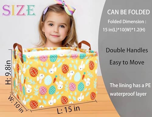Image of Large Rectangular Easter Baskets Empty Waterproof Boy Toy Box Foldable Kid's Gifts Storage Bin Spring Room Decor(Yellow Leaf Rabbit Egg)
