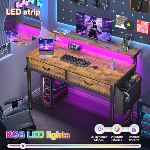 Image of Gaming Desk with LED Lights with 2 Drawers, 31 Inch Desk Home Office Desk Computer Desk with Side Pocket & Ergonomic Monitor Stand, Small Space Study Writing Table with Anti-Tip Design, Rustic Brown