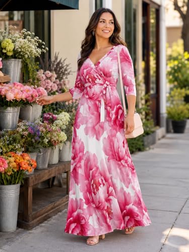 Image of SUZONANA Plus Size Dresses for Women Floral Print Maxi Dress Flowy 3 /4 Sleeve with Belt