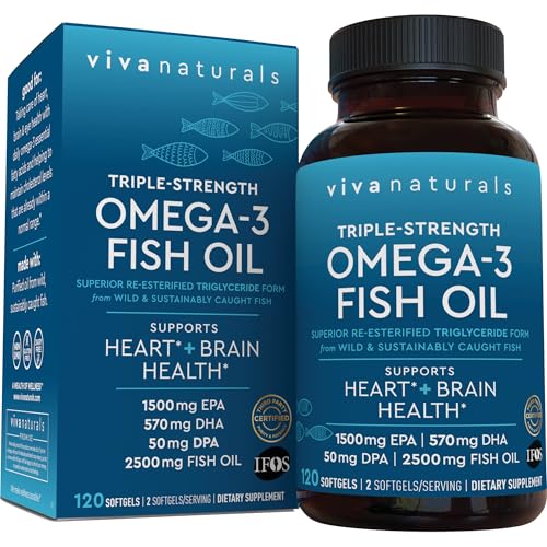 Viva Naturals Omega 3 Fish Oil Supplement for Women and Men - 2500 mg Triple Strength Fish Oil per Serving with Omega 3 Fatty Acids Including EPA, DHA DPA - 120 Pescatarian-Friendly Softgels