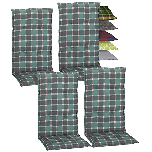 Beo Gartenstuhlauflagen Hochlehner 4er Set Barcelona | Made in EU nach Öko-Tex Standard | Hochlehner Auflagen waschbar | Atmungsaktive Stuhlauflagen Hochlehner in Türkis-Grau Kariert