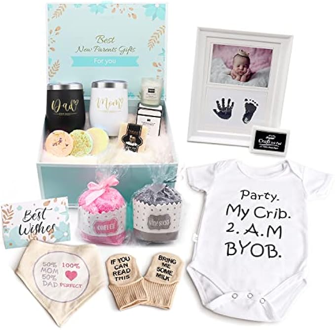 Pregnancy Gift Est 2023, First Time Mom Gifts for Women, New Parents Wine Tumbler Set Baby Picture Frame Onesie Socks Bib Decision Coin, Top Mom Dad Gift Set Idea for Baby Shower, Gender Reveal