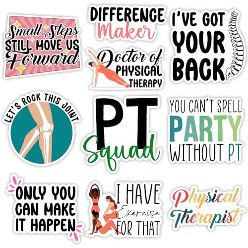 Image of MAIANEY (3x3 in) Funny Physical Therapy Stickers Pack 10 Waterproof Vinyl PT Decals for Laptops, Water Bottles, Notebooks - Motivational Quotes for Physical Therapists & Students