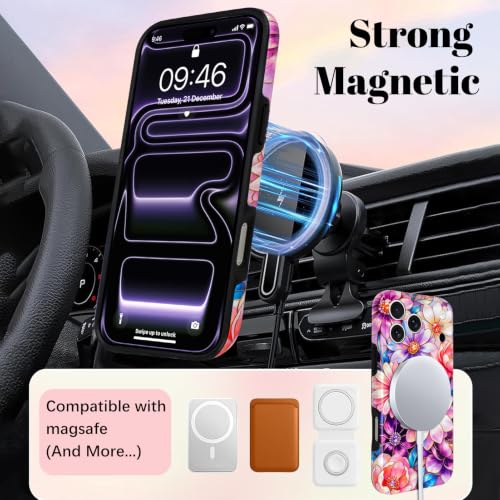 Image of Magnetic for iPhone 17 Pro Max Case for Women Girl, Colorful Floral | Stylish Flower Pattern Design [Compatible with MagSafe] [Full Camera Protection] 2-Layer Hybrid Shockproof Glossy Phone Case