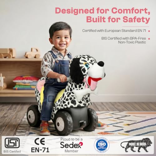 Image of Toyzone Little Soft Dog Ride on | Cloth-Covered Ride On Toy with Wheels | Back Support | Indoor & Outdoor Ride-On for Toddlers 1-4 Years