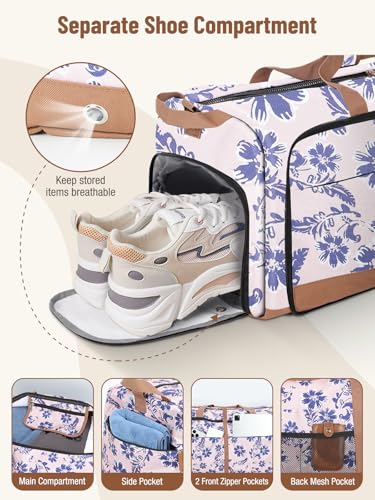 Image of Lekesky Foldable Travel Duffle Bag for Women, Large Duffel Bag with Separate Shoes Compartments & Straps, Carry On Weekend Bag for Women, Hospital, Overnight (Pink Floral Print, 80L)