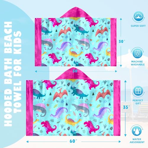 Image of Dinosaur Girls Beach Towel with Hoodie for Kids Toddlers Age 4-8, Pink Bath Towels Shower Wrap for Girls, Hooded Poncho Beach Blanket for Pool Swimming Cute Wearable Bath Towel for Child