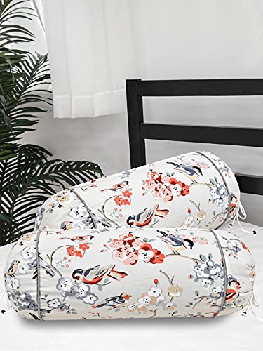 Image of Clasiko Cotton Bolster Covers; Set of 2; 220 TC; Bird Print On Beige Base; 30x15 Inches