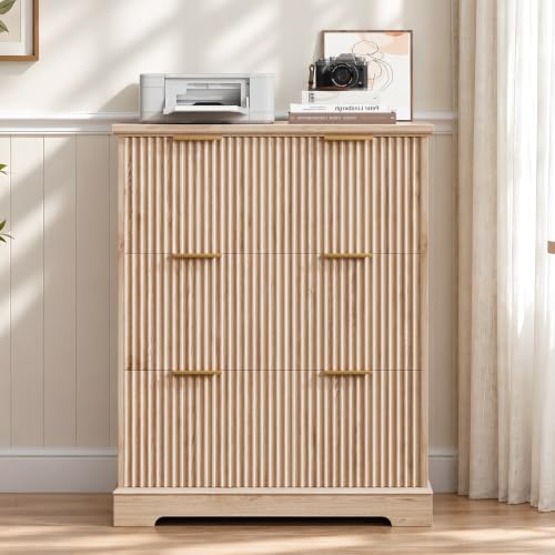 Image of 31.5 inch Fluted File Cabinet with 3 Drawers, Oak
