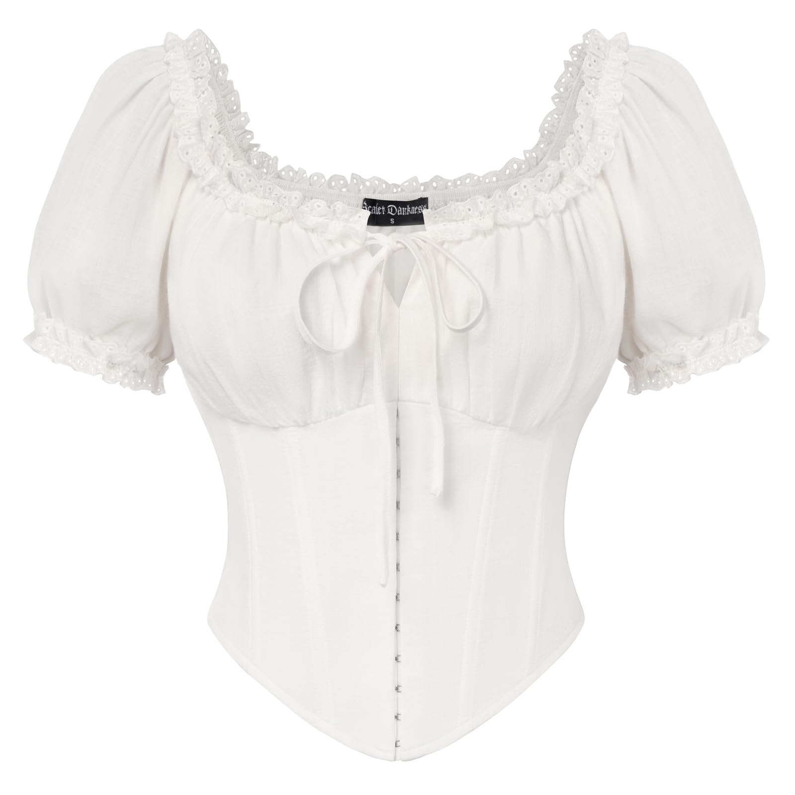 SCARLET DARKNESS Damen Korsett Oberteil Kurzarm Baumwolle Corset Top Gesmokte Taille Mittelalter Piraten Bluse