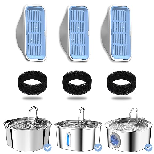 PEKTACO Cat Water Fountain Filters Replacement & Pre-Filter Sponges for 3.2L/108oz Automatic Pet Fountain, Dog Water Dispenser 3 Pack Filters & 3 Pre-Filter Sponges Foam Filters