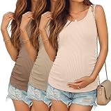Riyiper Paquete de 3 Camisetas sin Mangas para Mujer Embarazada, de algodón, con Laterales de Punto Acanalado y Fruncido(Marrón Claro, Caqui, Albaricoque,L)