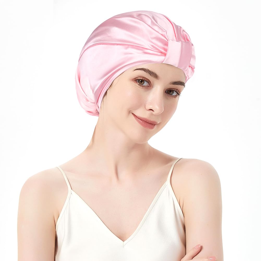 AOGOE Silk Hair Bonnet for Sleeping Double Layer Sleep Cap, Silk Sleep Cap with Elastic Bow, Night Sleep Cap
