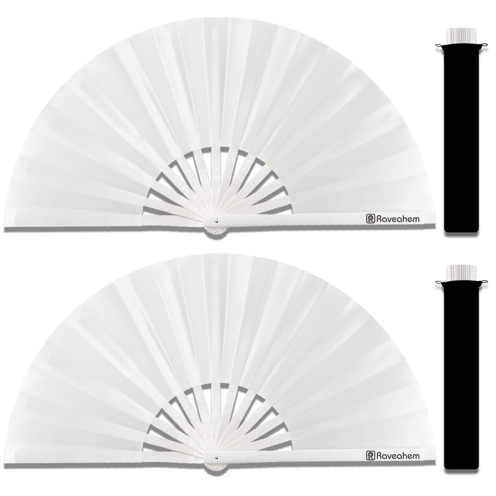 Raveahem 2 Pack Large Folding Hand Fans, Bamboo Handheld Rave Fan Wedding Fan Bamboo Frame Thickened Smooth Fabric for Cooling Decoration Women Men