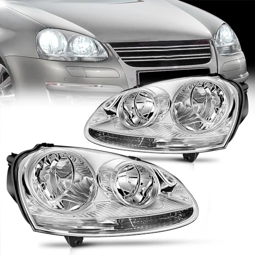 Image of Nilight Headlight Assembly Compatible with 2005 2006 2007 2008 2009 2010 Volkswagen Jetta 2006-2009 VW Rabbit GTI Headlamp Chrome Housing Driver and Passenger Side | For Jetta 2005 2006 2007 2008 2009 2010 VW Rabbit GTI 2006-2009 Chrome Housing Amber Reflector Headlight Driver & Passenger