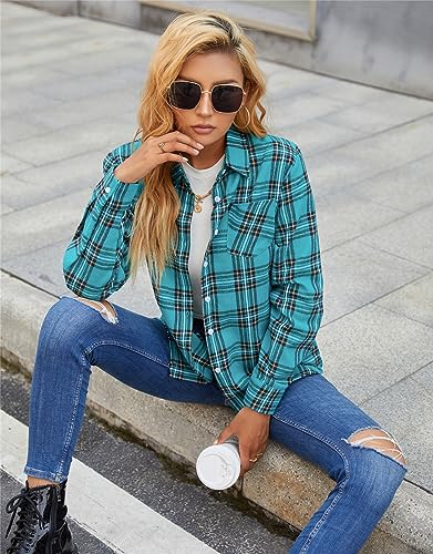 Image of SANGTREE Women and Girls Long Sleeve Flannel Casual Button Down Plaid Shirt