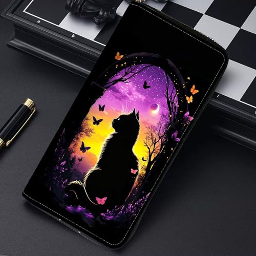 Image of RFID Blocking Leather Wallet for Women - Large Capacity Zip Around Clutch with 8 Card Slots,22 Cash Pockets & Coin Zipper,Cute Cat