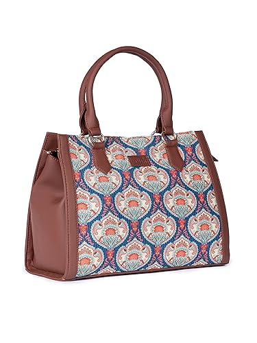 Image of ZOUK Printed Jute Handcrafted Vegan Leather Multicolor Women's Satchel Bag | Ladies Purse Handbag | Double Handle Detachable Strap
