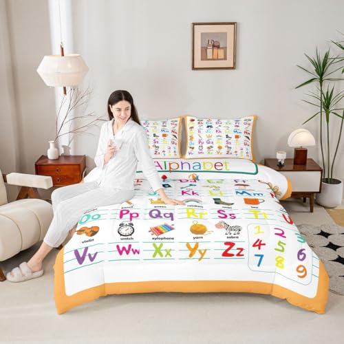 Image of Feelyou ABC Alphabet Comforter Set Full Size, Cute Educational Learning Tool Bedding Set for Kids Toddler Cartoon Animal Comforter Learning Educational Duvet Set Durable Bed Set 3Pcs
