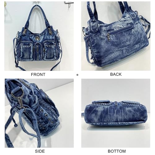 Image of Designer Denim Handbags for Women Hobo Tote Bag Crossbody Denim Purses Blue Jean Shoulder Bag