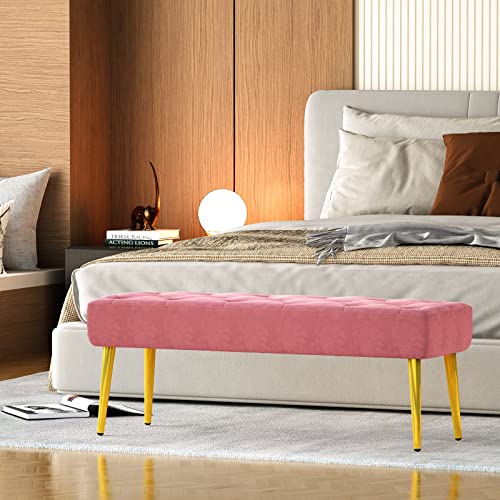 Lamerge Velvet Entryway Bench, Modern Upholstered Tufted Ottoman Stool With Embedded Crystal, Footrest Accent Bench End Of Bed Stool For Doorway, Living Room, Lock Room, Bedroom 44"×15"×18" (Pink) #TOP6