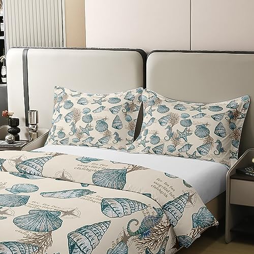 Starfish and Seashells Cotton Duvet Cover Set Ocean Beach Theme Bedding Set for Kids Women Men Retro Nautical Marine Compass Cotton Duvet Cover Set Seahorse Duvet Set King - Image 3
