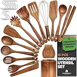 Wooden Spoons for Cooking 13 Pcs – Sturdy & Easy to Clean, Natural Teak Wooden Utensil Set – Non-Scratch Wood Kitchen Utensils Set with Spatula, Ladle, Spoons, Tongs, Whisk, Holder, Spoon Rest & Hooks