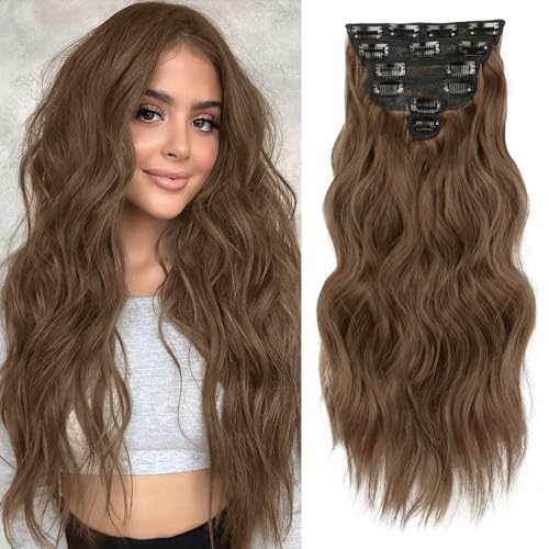NAYOO Clip in Hair Extensions for Women 20 Inch Long Wavy Curly Chestnut Brown Hairpieces Full Head Synthetic Hair Hairpieces(6PCS,Chestnut Brown)