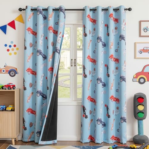 Image of MYSKY HOME 95% Blackout Blue Curtains for Boys Room 84 Inch Long 2 Panels with Car Printed Thermal Insulated Noise Reducing Grommet Drapes for Kids Bedroom Playroom Nursery, Each Panel 52 inch W