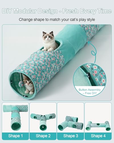Image of Cat Tunnel, 3 Straight Shaped Tunnels 6 DIY Shapes with Wand Toys, No Noise Scratch Resistant Cool Linen Fabric, Interactive Pet Tunnel Tube for Indoor Cats, Puppy and Rabbits