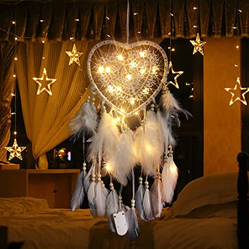 Dsaren Traumfänger aus Federn, beleuchtet, handgefertigt, mobil, Traumfänger, Retro, romantisch, Dekoration für Mädchen, Mobile Dekoration, Haus, Schlafzimmer, Wand, Auto, Geburtstag, Geschenk (weiß)