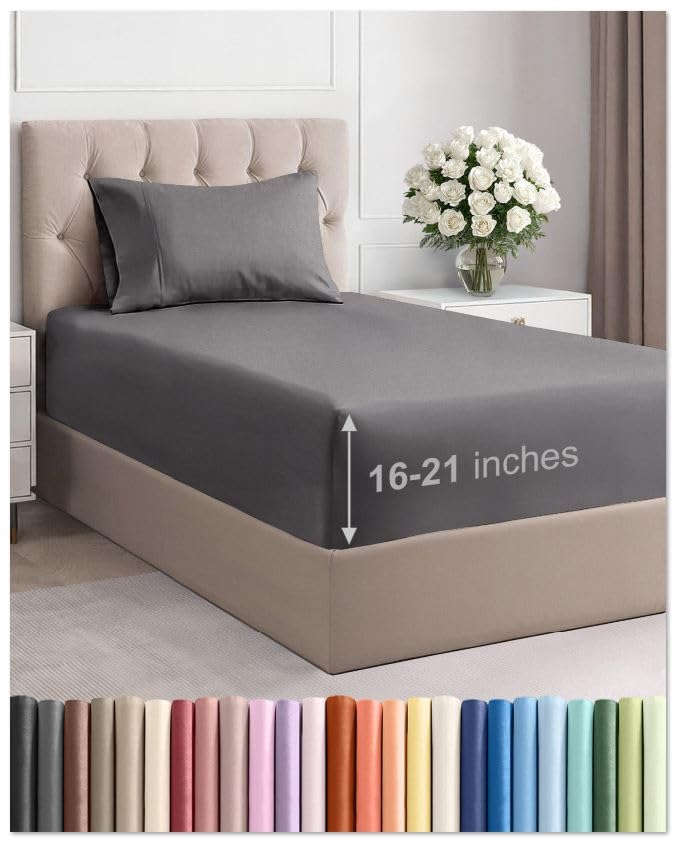 Image of Extra Deep Pocket Twin Size Sheet Set - 3 Piece Breathable & Cooling Bed Sheets - Hotel Luxury Bedding with 16 to 21 inch Extra Deep Pockets - Soft, Fade and Wrinkle Resistant - Oeko-Tex - Dark Grey