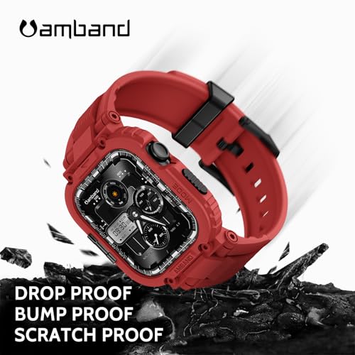 Image of amBand Compatible with Apple Watch Series 11 /10 42mm Bands Case for Men Women, M1 Sport Rugged Heavy Duty Protective Cover Tactical Strap Military Protector Bumper for iWatch Accessories - Mars Red