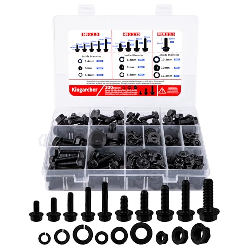 Kingarcher 320 Pcs Grade 10.9 Metric Flange Bolts and Nuts Set – M6 x 1.0, M8 x 1.25, M10 x 1.5, Carbon Steel Black Oxide Assortment Kit with Flat and Spring Lock Washers in Storage Case