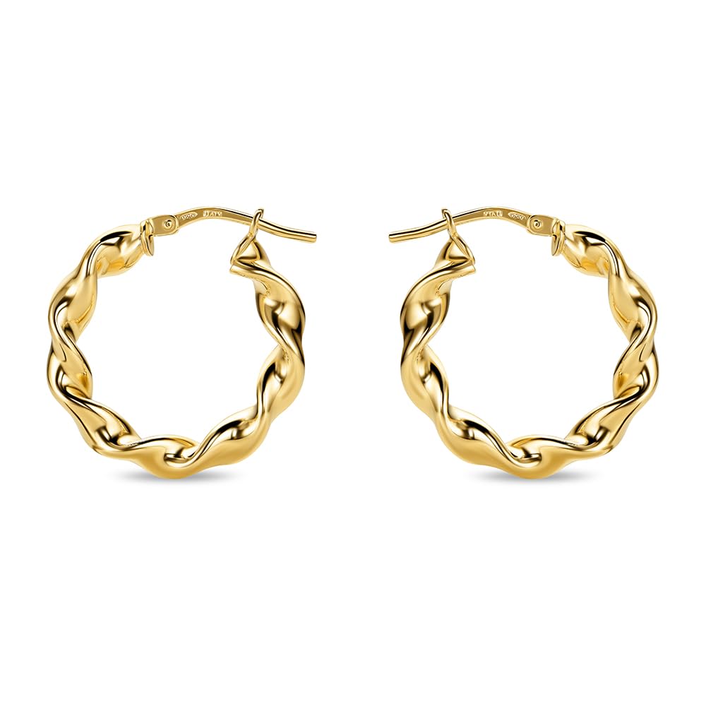 Miore Pendientes Mujer de Plata de Ley 925 Bañados en Oro de 18K 750, Aros de Oro Redondos con Tubos Torcidos de 15 mm, Hechos a Mano en Italia, Joyas Dorados con Joyero