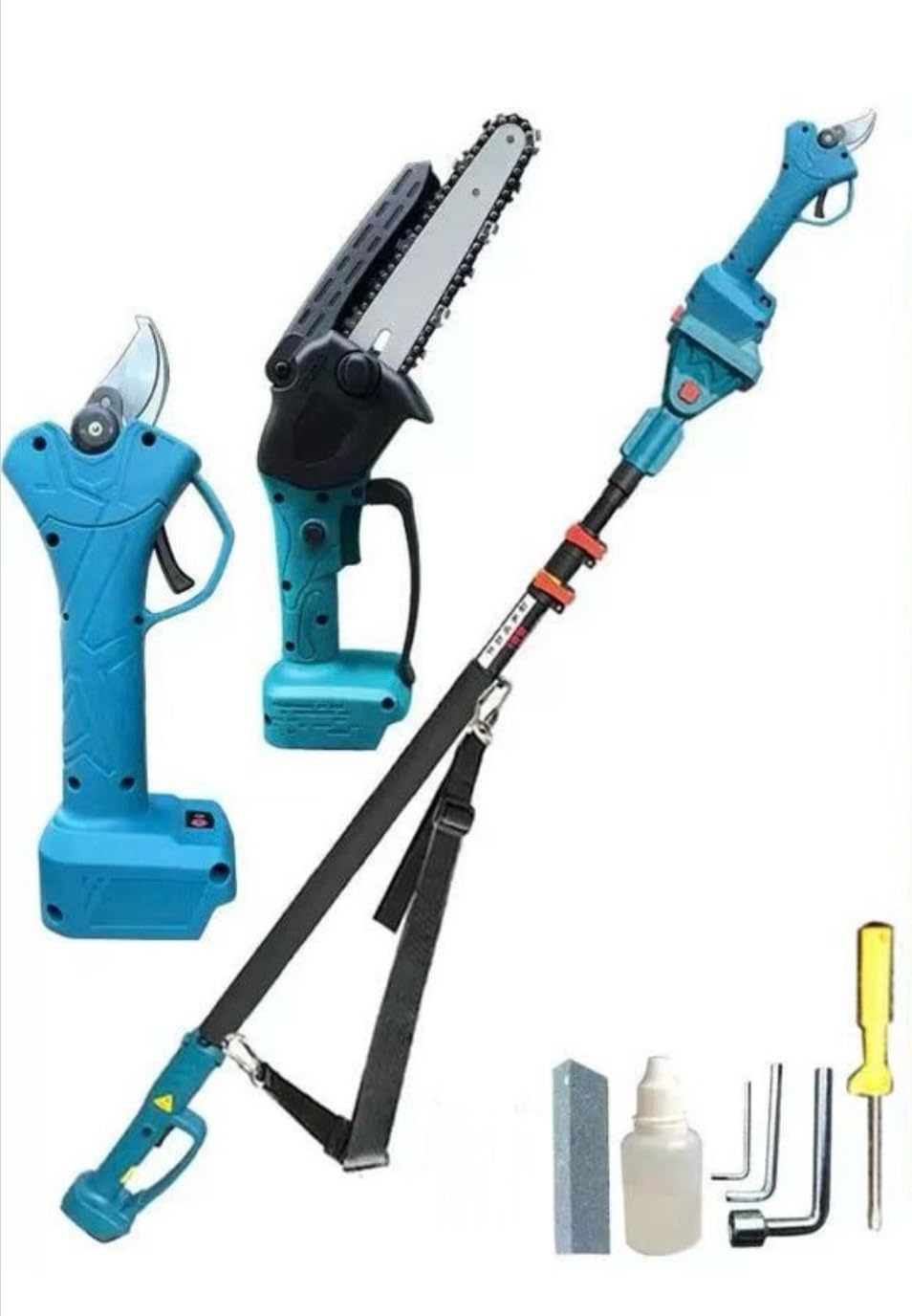 Accessori Kit Potatura 3 in 1 a Batteria: Forbici Elettriche + Mini Motosega 6” + Asta Telescopica 128-248 cm