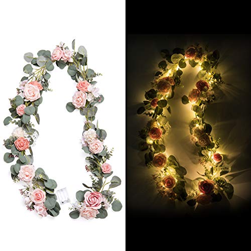 Crazy Clearance Ling's moment Handcrafted Artificial Blush Pink Rose Flower Garland with Lights 6.5FT for Wedding Table Centerpieces Arch Flowers Ceremony Backdrop Decorations