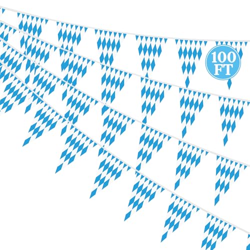 Image of 100 FT Oktoberfest Party Decorations, 3 Pack Pre-assemble Pennant Banner Flags, Plastic Blue and White Checkered Hanging Oktoberfest Decor German Bavarian Beer Festival Indoor Outdoor Party Supplies